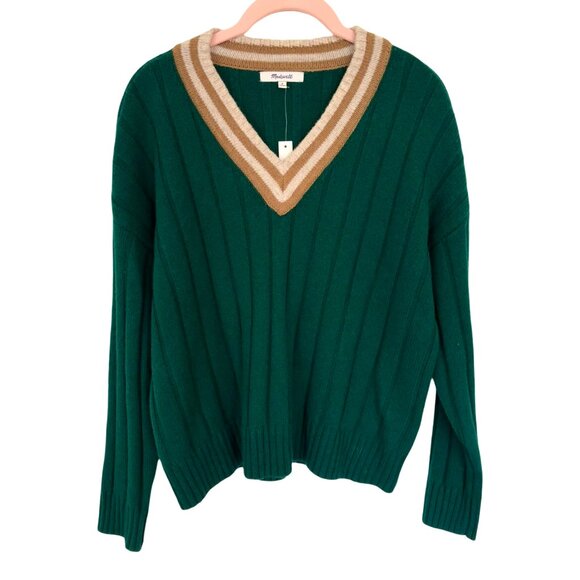 NWT Madewell Tipped V-Neck Oversized Sweater, Utopian Pine Green, Size Small - Picture 3 of 5